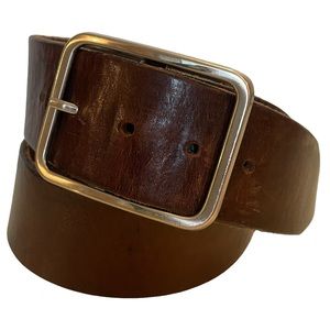 Simons Thick Brown Leather Belt Made InCanada Silver Tone Buckle Italian Leather